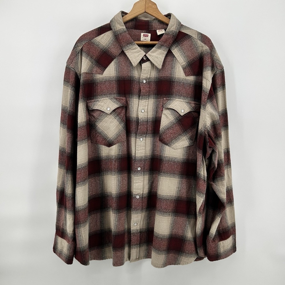 Levi's Standard The Western 4XL Pearl Snap Red Beige Flannel Big & Tall NWT!